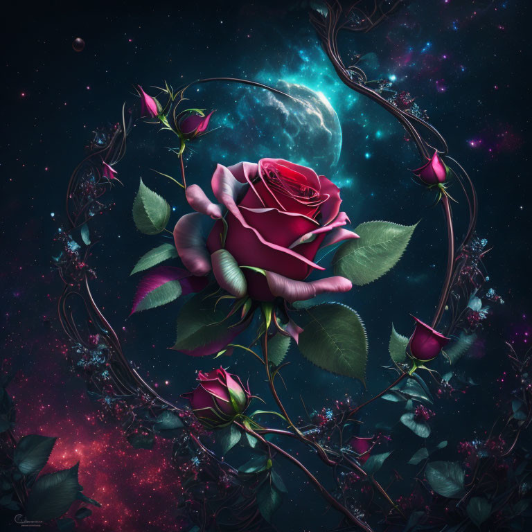 Vibrant red rose with metallic vines in cosmic scene