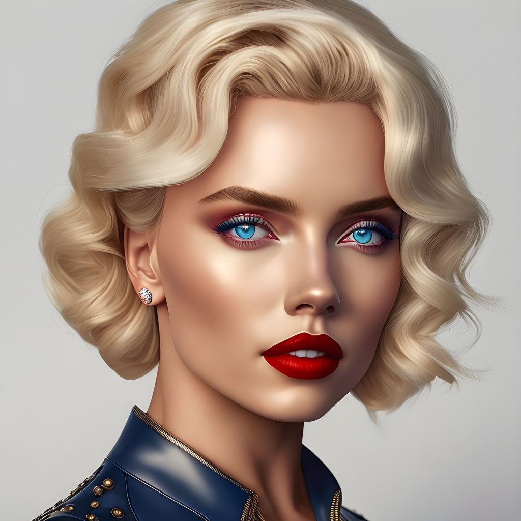 Digital portrait: Woman with blue eyes, blonde hair, red lipstick, leather jacket