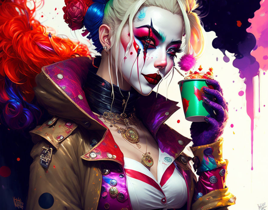 Female clown with bold makeup splashing paint in dark and vibrant colors