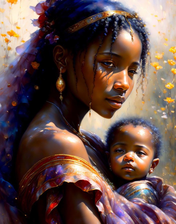 Intricate jewelry adorns woman holding baby in golden backdrop