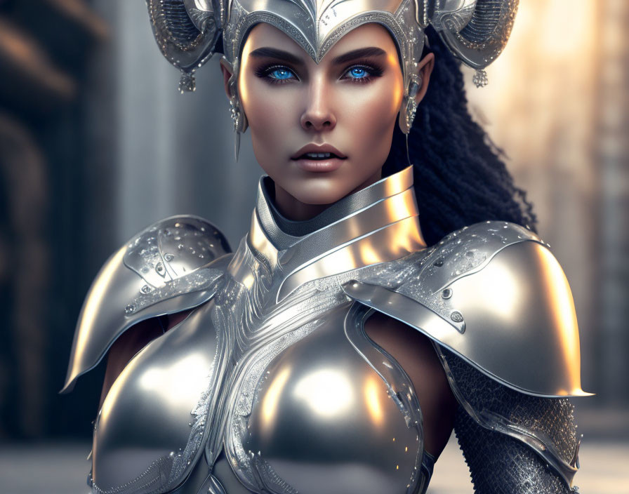 Digital artwork: Woman with blue eyes, black hair, silver armor, horned helmet, against architectural