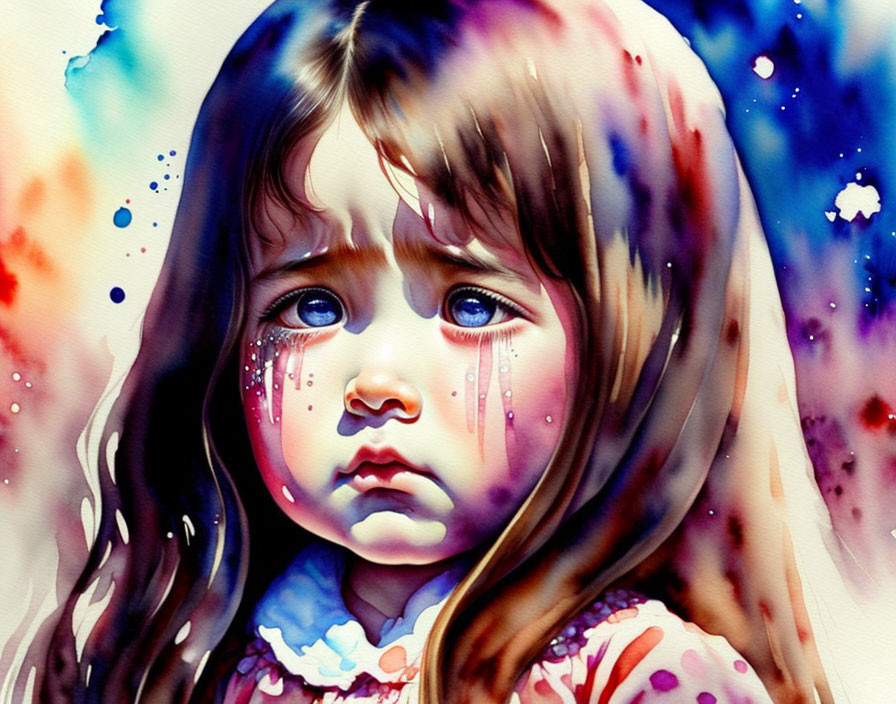 Colorful watercolor painting of young girl with teary eyes surrounded by abstract splashes.