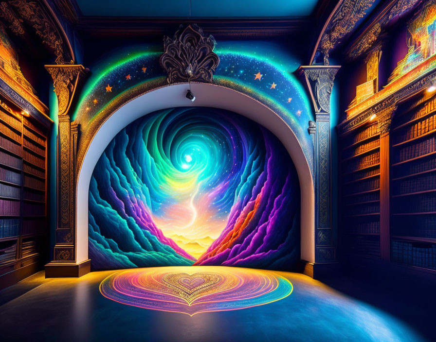 Colorful surreal library with starry sky and swirling portal above open book