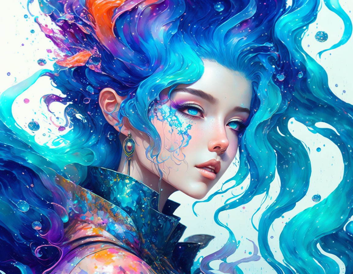 Vibrant blue flowing hair digital art portrait of a woman with watercolor splashes and sparkles