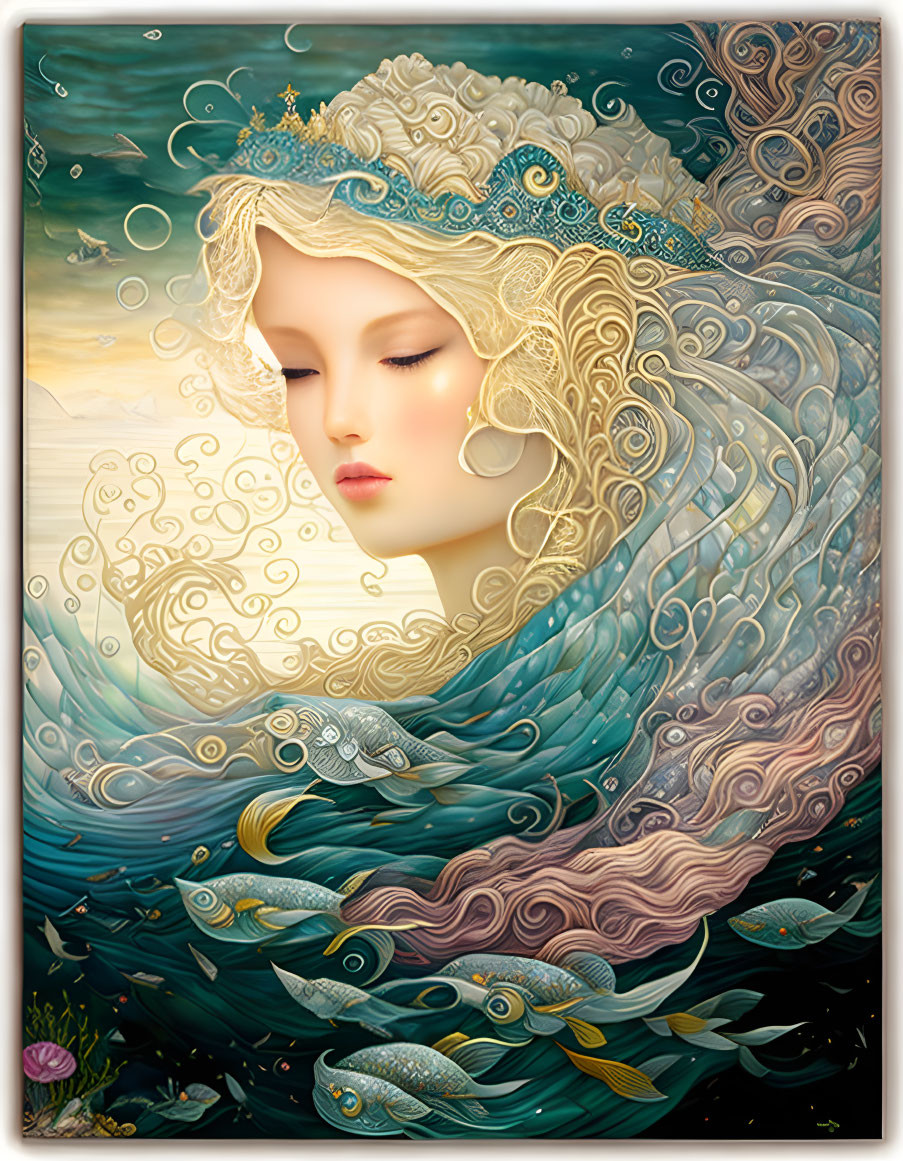 Surreal portrait of woman with ocean-inspired hair and sea-life backdrop