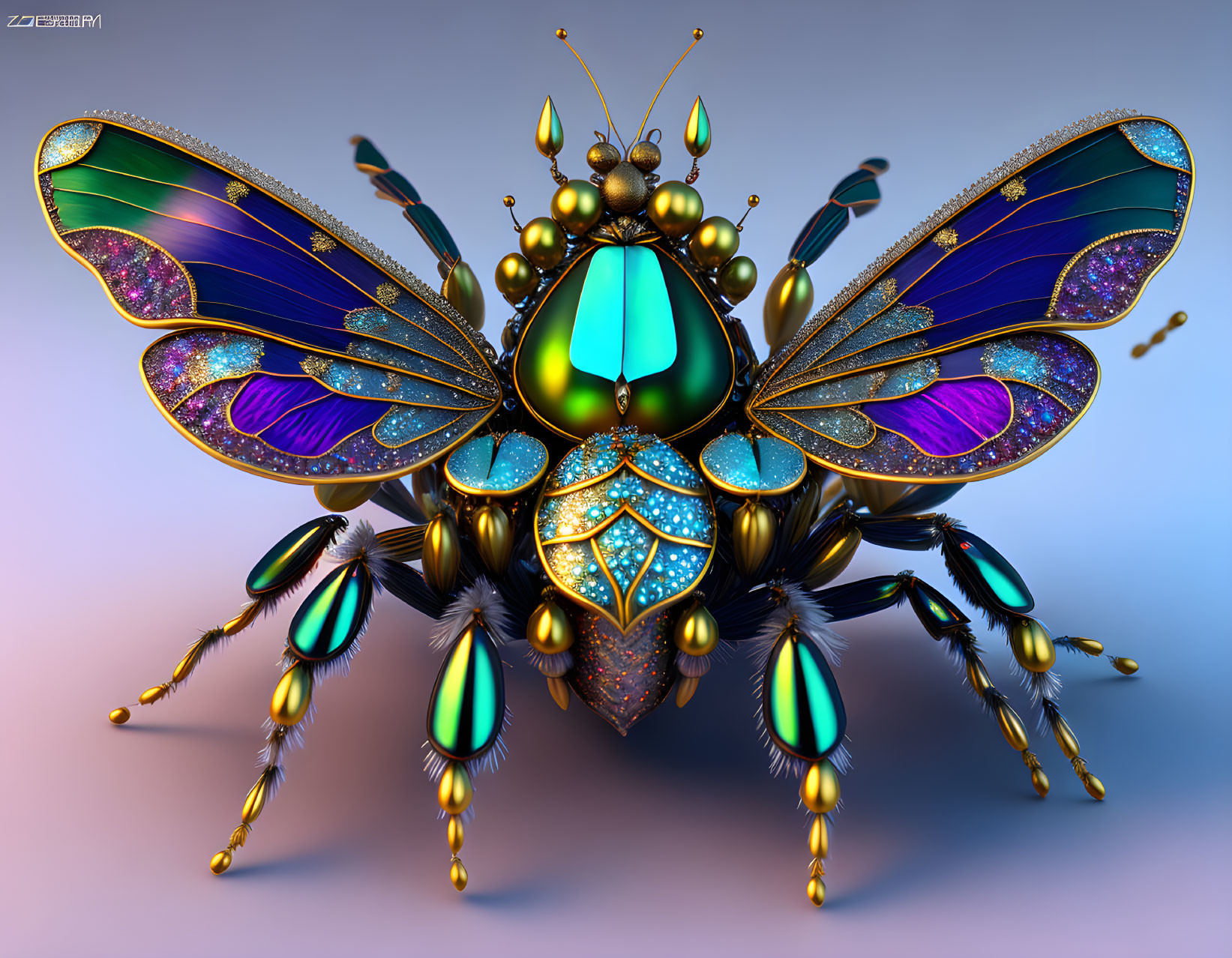 Digitally-rendered ornate insect with jewel-toned wings and gold accents