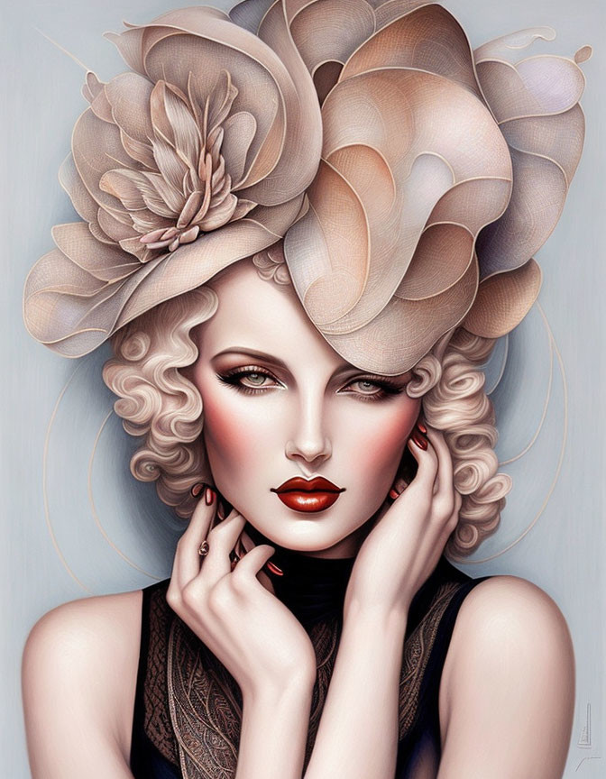 Detailed portrait of a woman with stylized hair, floral hat, red lips, and lace garment