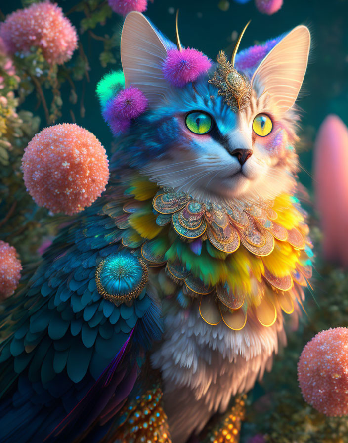 Cat-headed bird creature with vibrant feathers and floral details