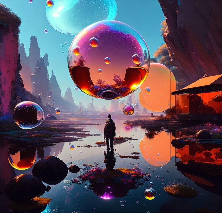 Person standing by reflective water surface with floating iridescent bubbles in vibrant alien landscape