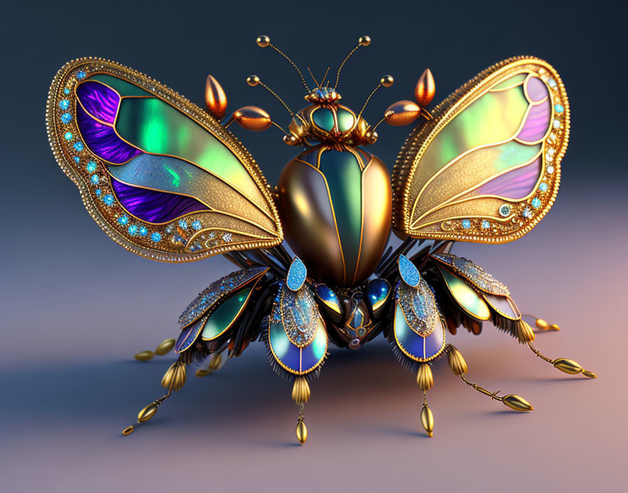 Colorful iridescent beetle with gem-like adornments on gradient background