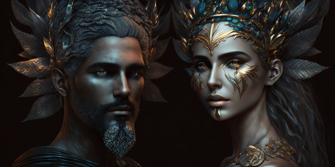 Regal Figures with Ornate Headpieces and Metallic Skin Tones