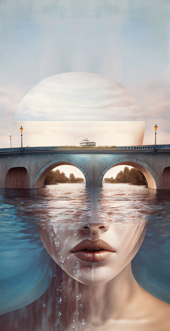 Surreal bridge and woman's face with water under celestial body