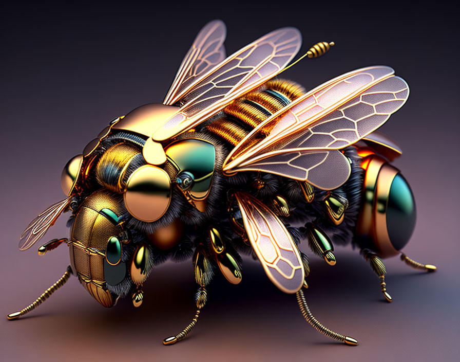 Detailed 3D rendering of shiny metallic bee with transparent wings