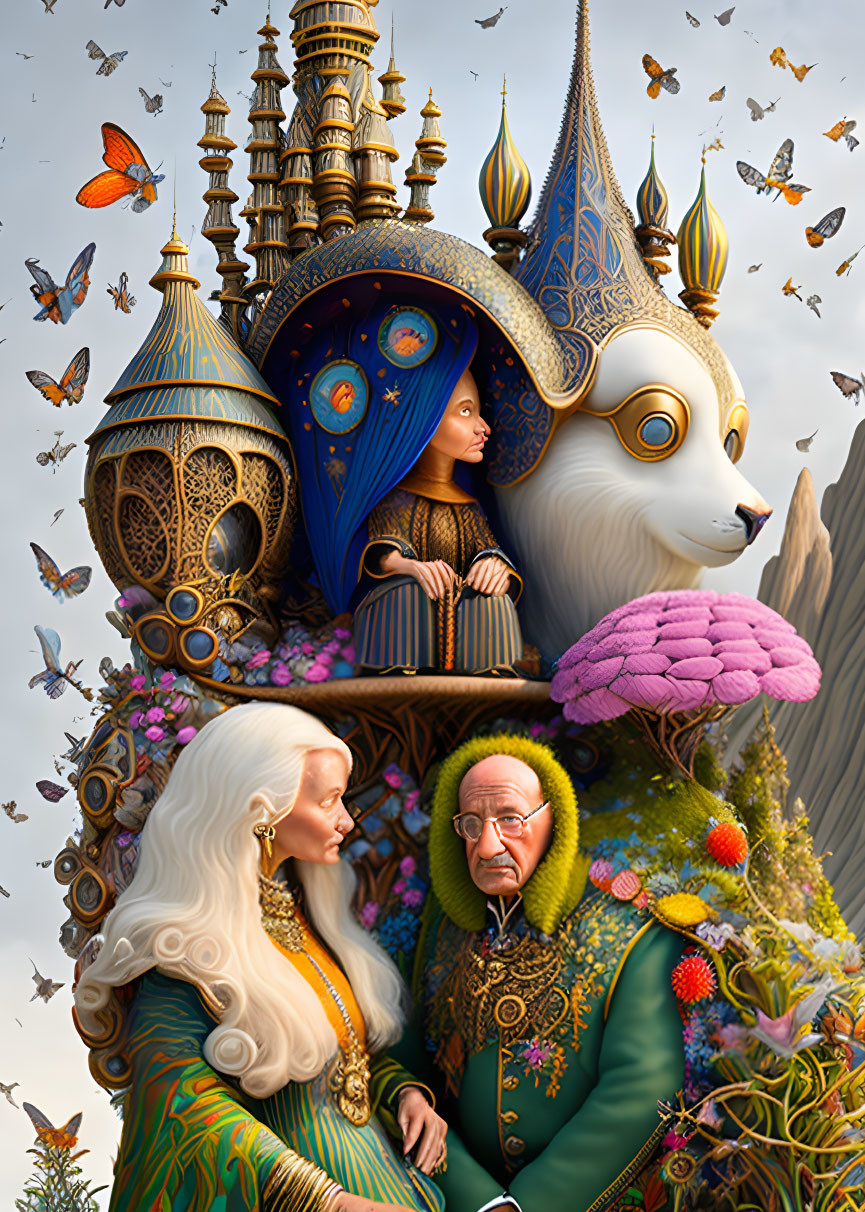 Fantastical illustration of three characters in intricate costumes with butterflies and majestic architecture-topped cat.