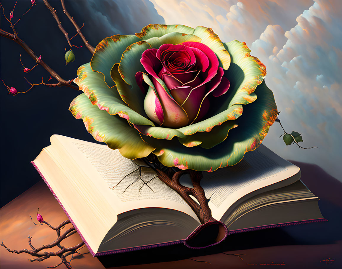 Open book with rose blooming on pages against sunset or sunrise clouds