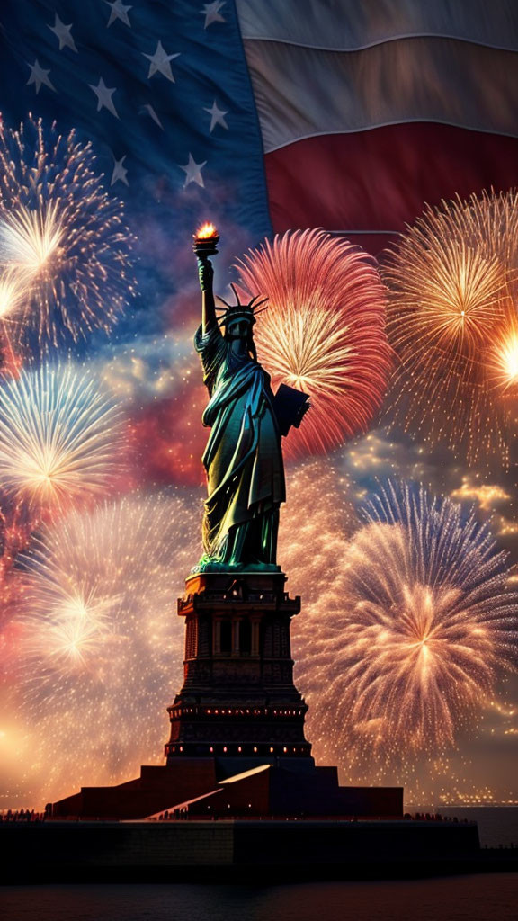 Statue of Liberty with vibrant fireworks and American flag in the sky