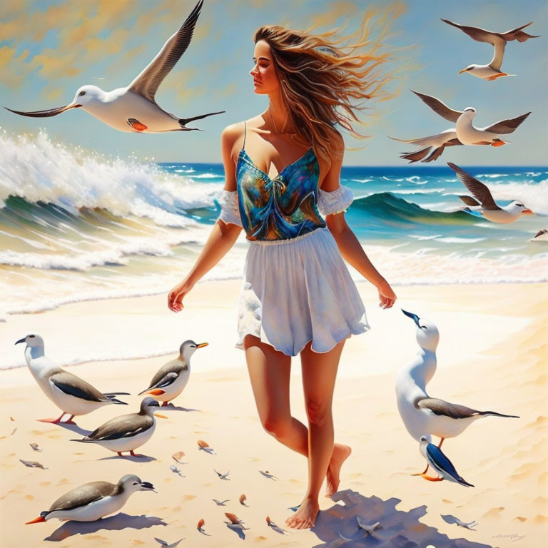 Woman in White Butterfly Print Dress Walking on Sunny Beach with Seagulls