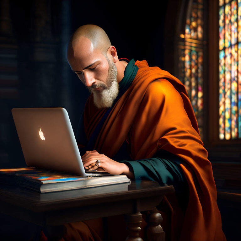 Bald Person in Orange Robes Working on Laptop in Dark Room