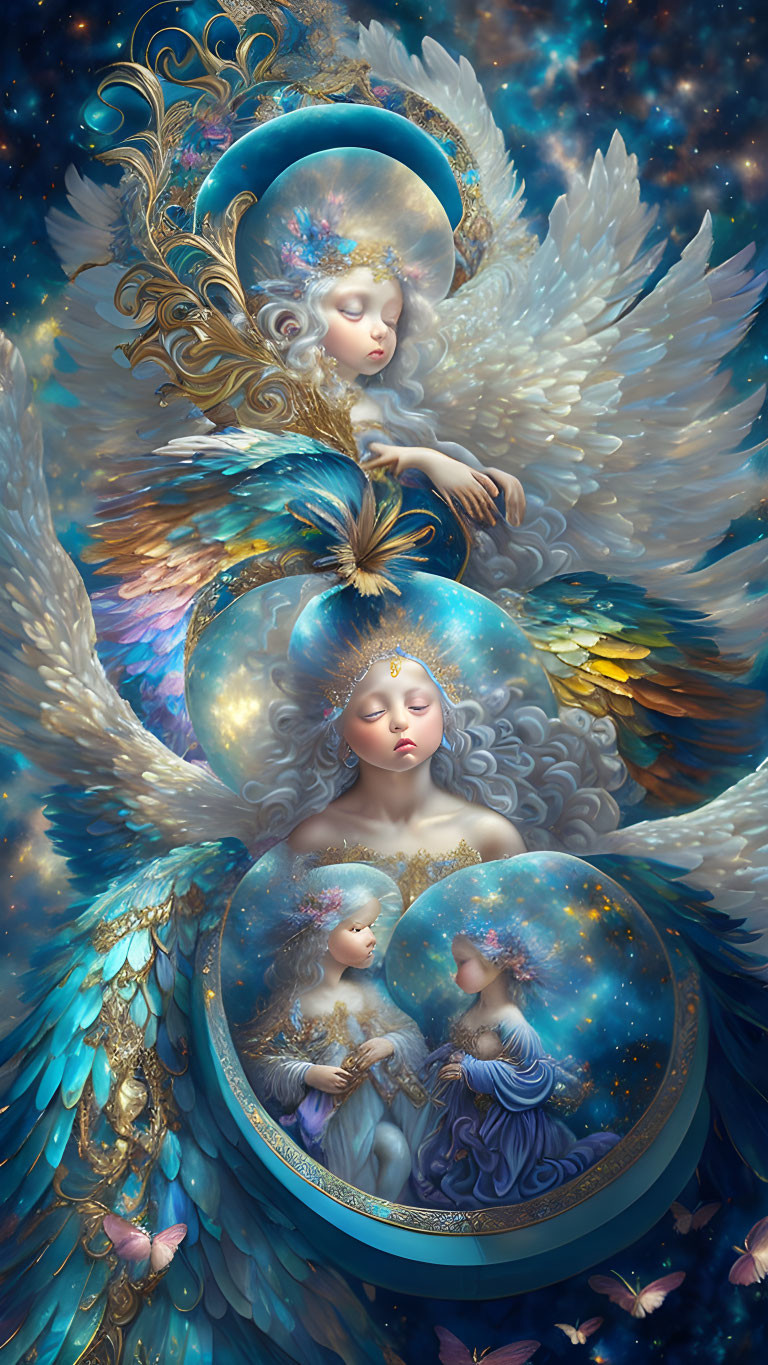 Celestial beings with angelic wings in cosmic orbs on starry background