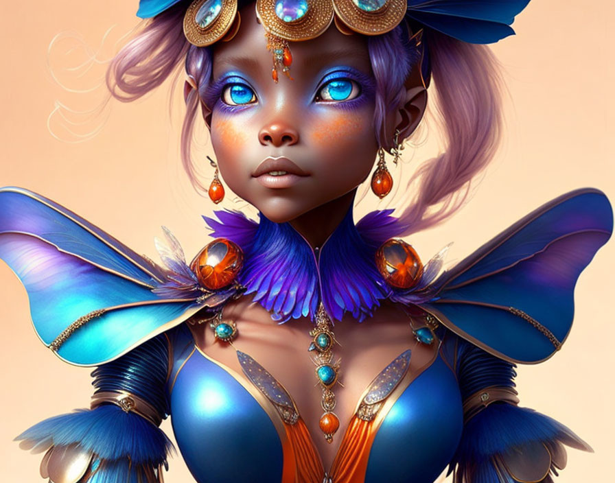 Fantasy character illustration with blue butterfly wings and ornate jewelry