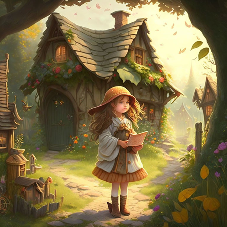 Young girl reading book in quaint village with whimsical houses and nature ambiance.