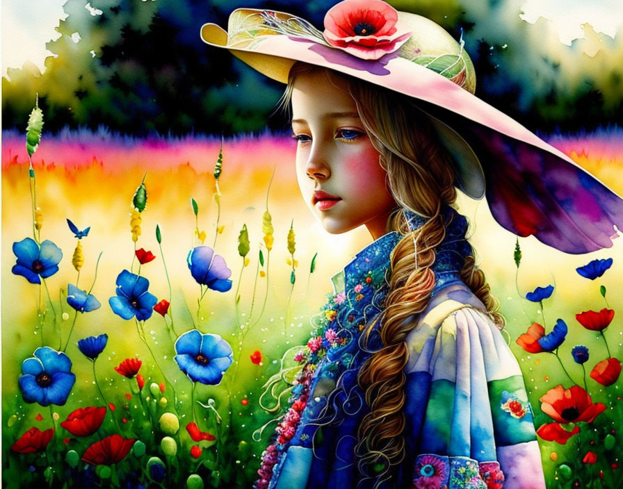 Colorful Flower Field: Young Girl in Brimmed Hat and Vibrant Scarf