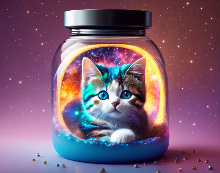 Whimsical kitten in jar surrounded by cosmic nebula and stardust