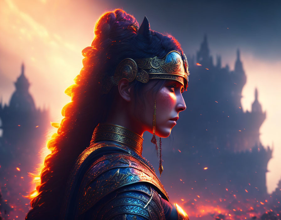 Warrior woman with ornate armor and headdress in fiery sky setting