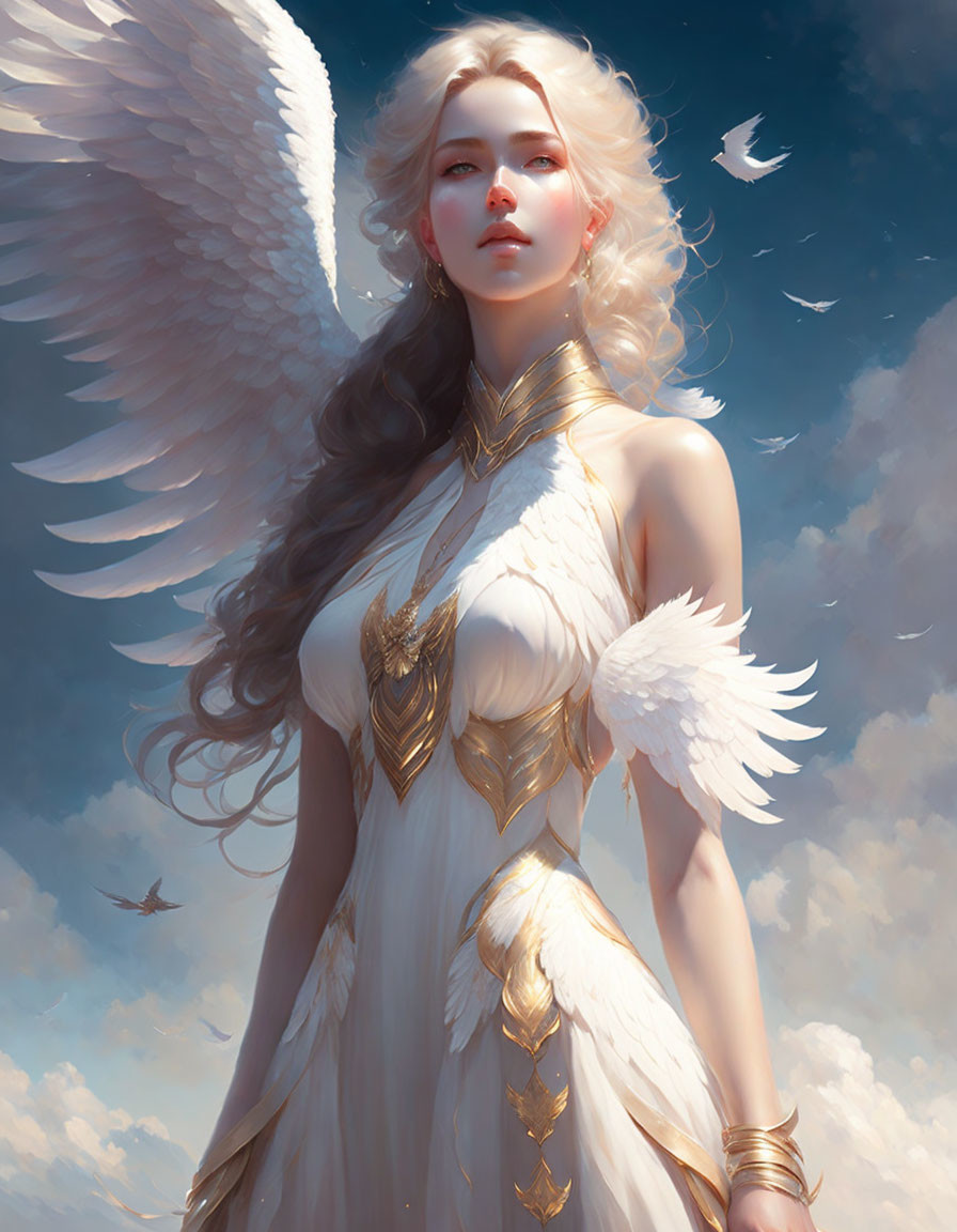 Ethereal woman with angelic wings and golden armor in dreamy sky