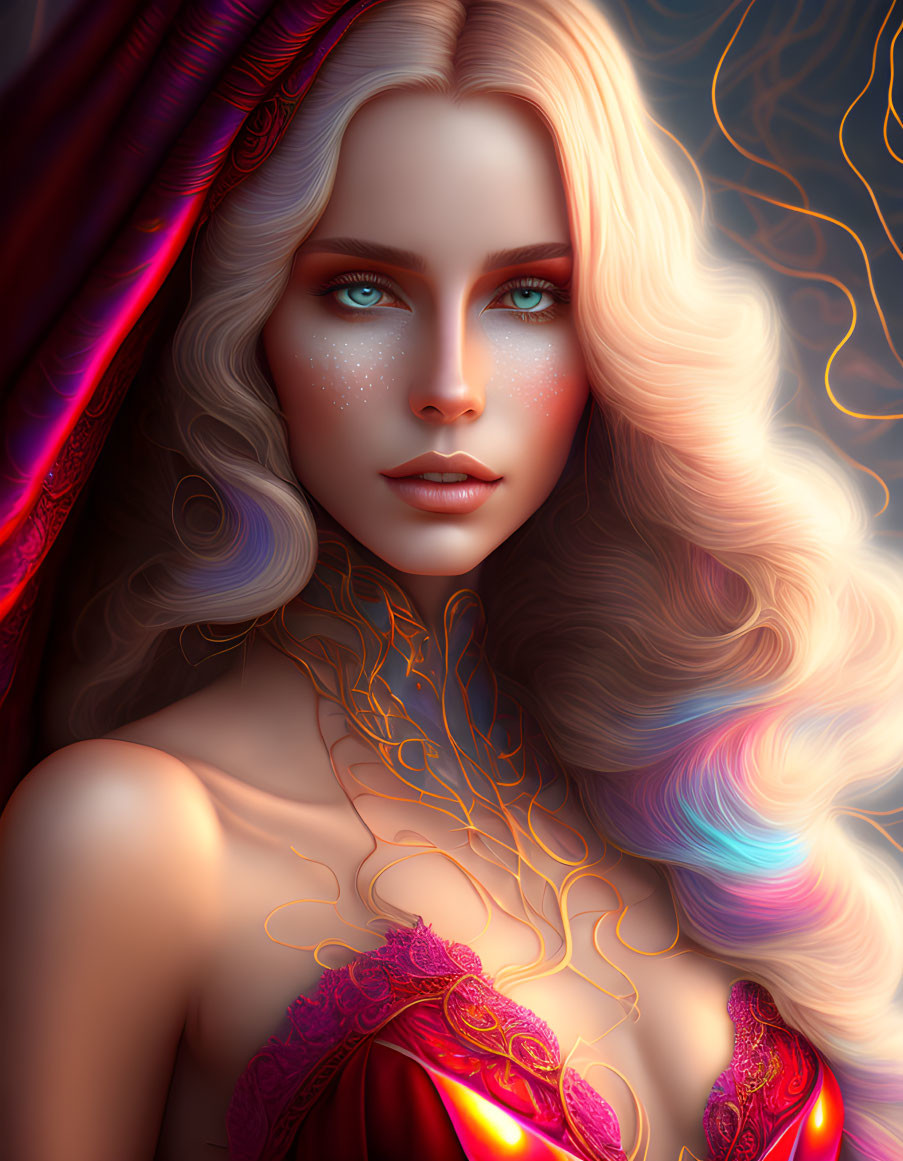 Digital artwork: Woman with blonde hair, blue eyes, red attire, luminous patterns.