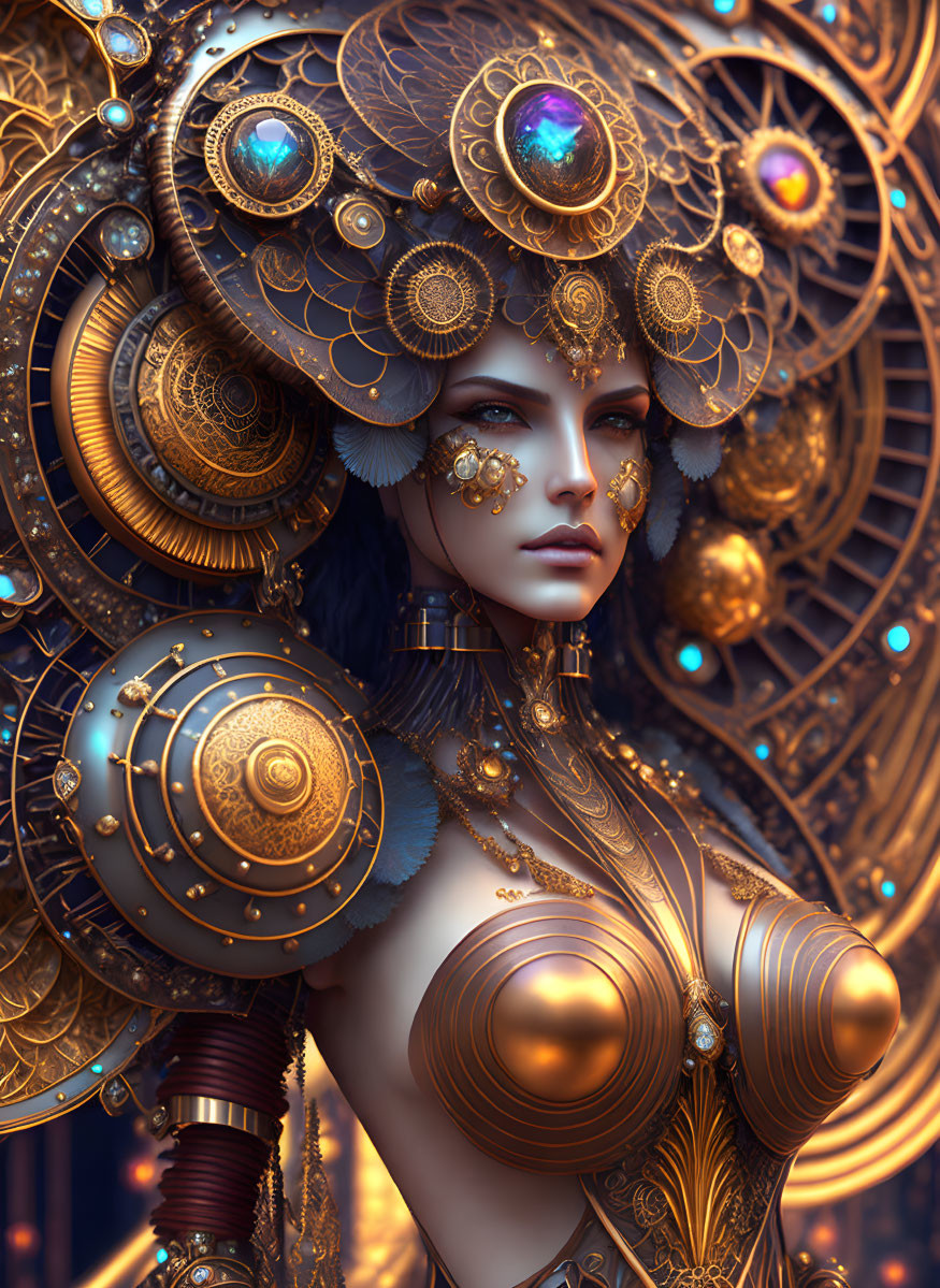 Digital artwork of female figure with golden steampunk headdress & blue gemstones