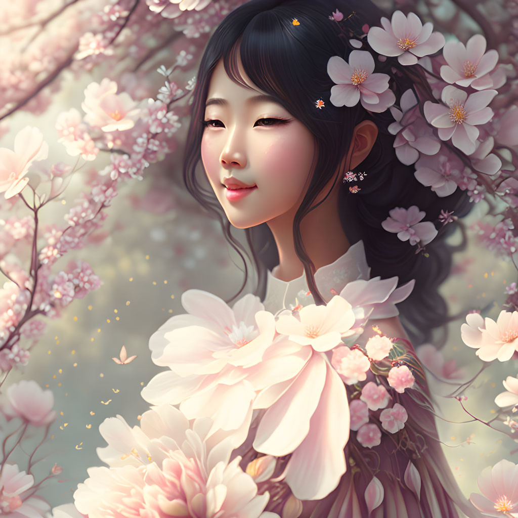 Illustration of woman in pink flower garden exudes calm harmony