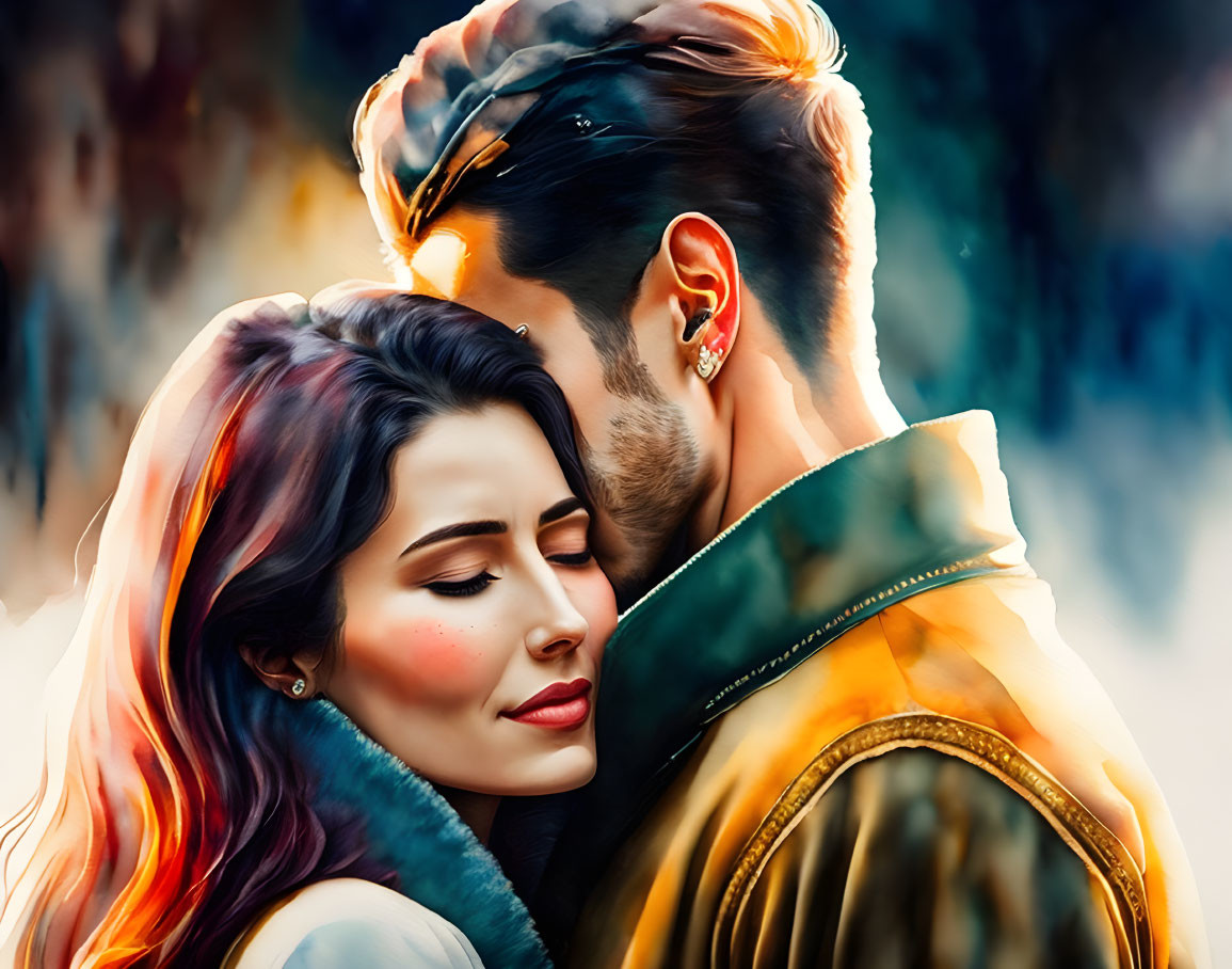 Romantic couple embracing in vibrant digital painting