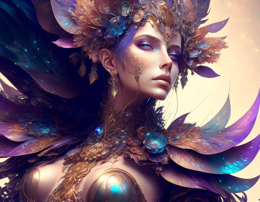 Fantasy digital artwork of a female figure with golden headdress and feathered accents