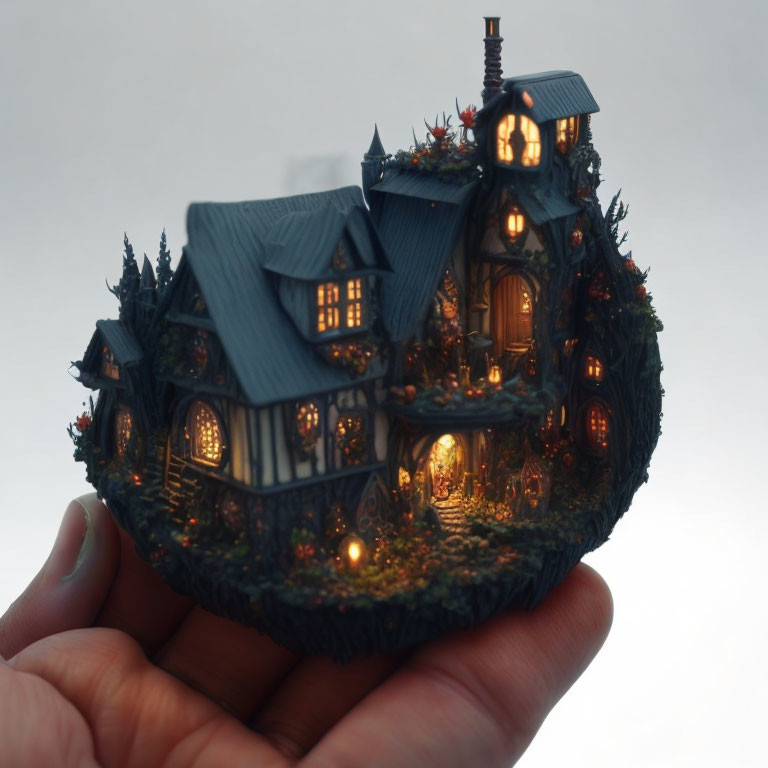 Miniature fantasy house nestled in hand, glowing windows, intricate details, surrounded by trees.