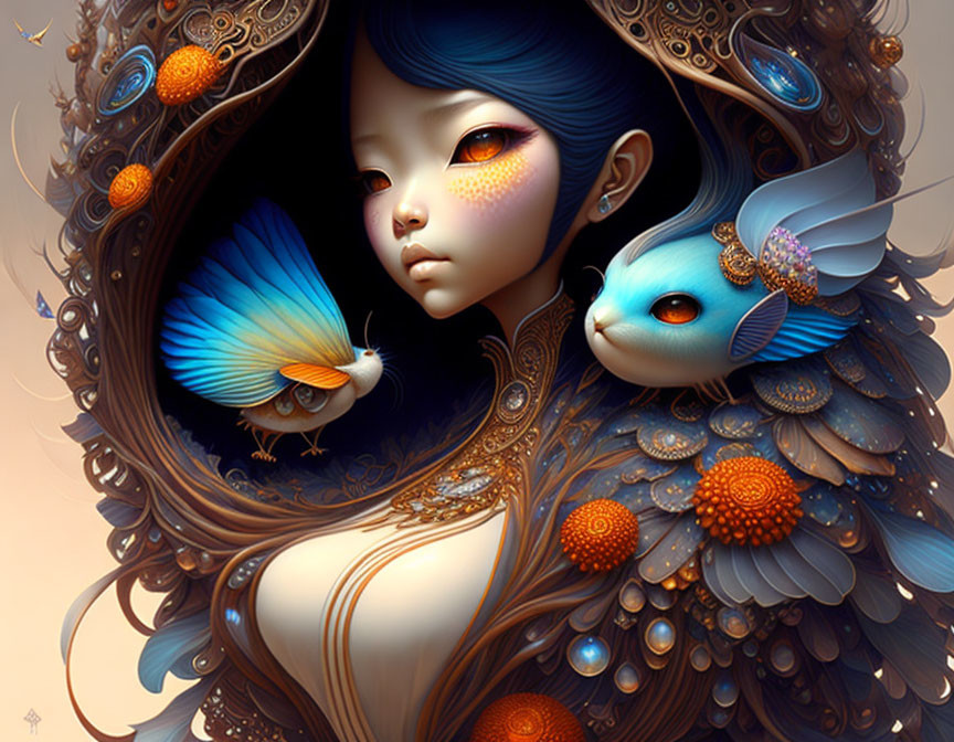 Stylized illustration of girl with expressive eyes and fantastical creatures