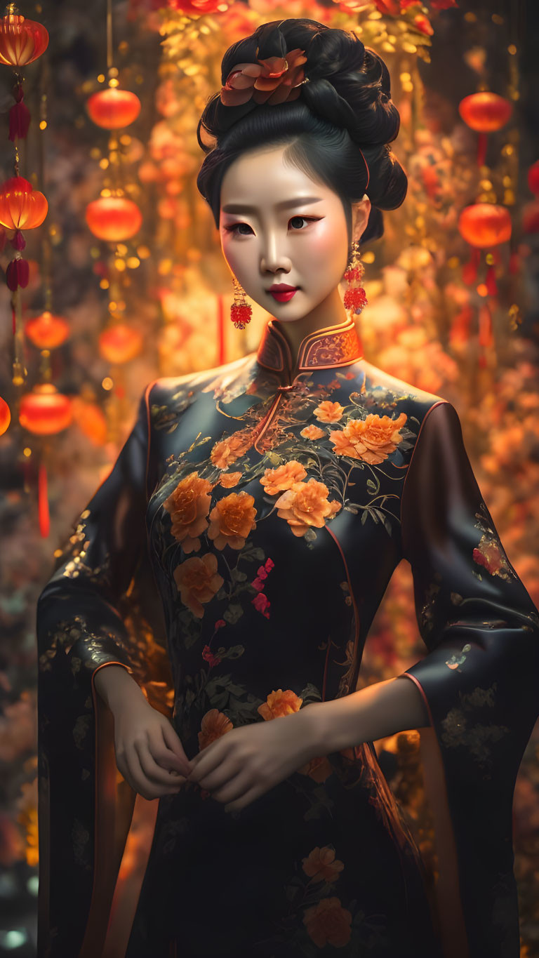 Traditional Chinese dress woman with flower patterns and jewelry under red lantern backdrop