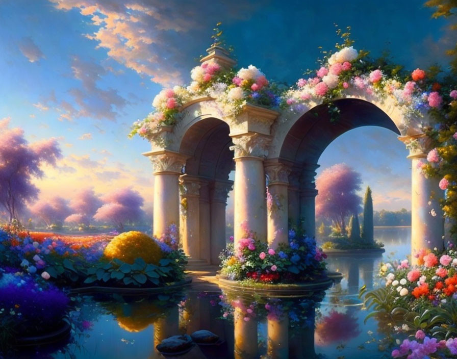 Tranquil water with vibrant flowering arches under soft sunset sky