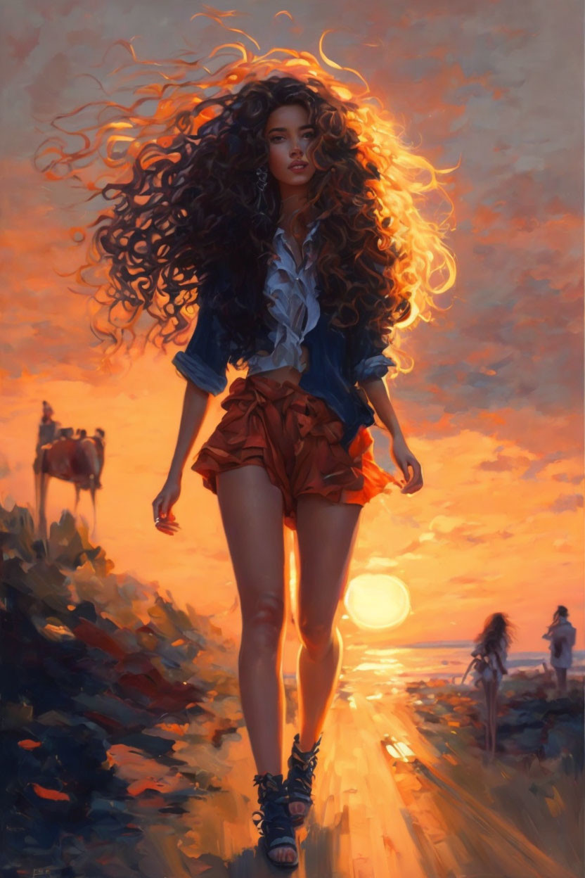 Curly-haired woman walking on beach path at sunset