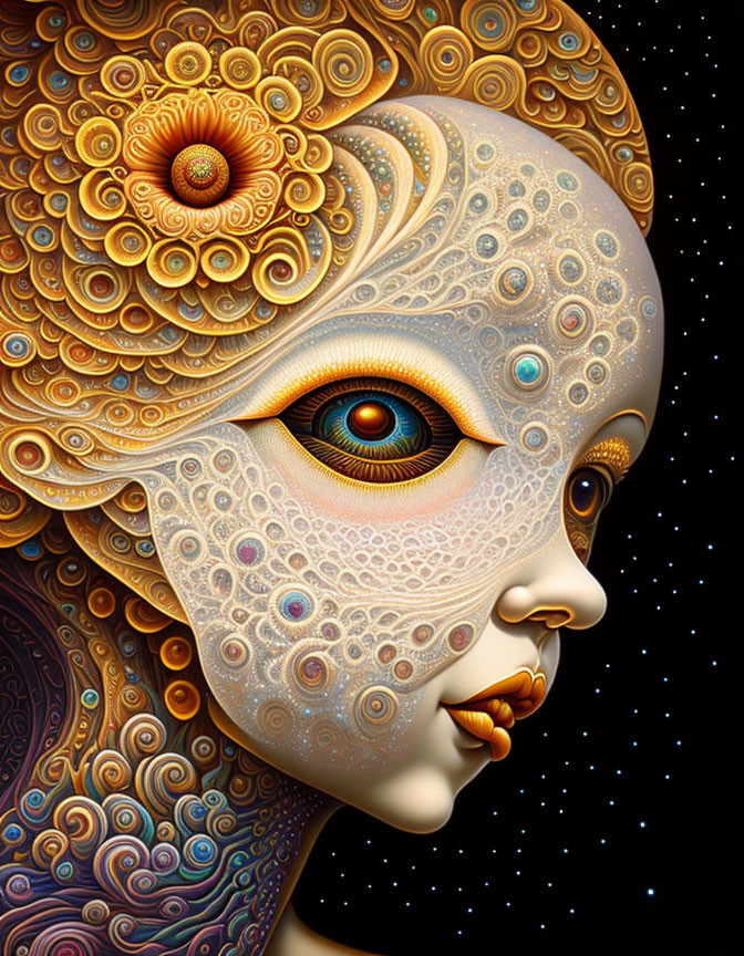 Colorful surrealist portrait with intricate patterns and a unique amber eye on starry backdrop