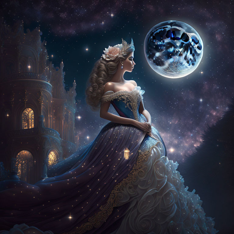 Illustrated princess in blue gown at glowing castle under starry sky with wolf silhouette.