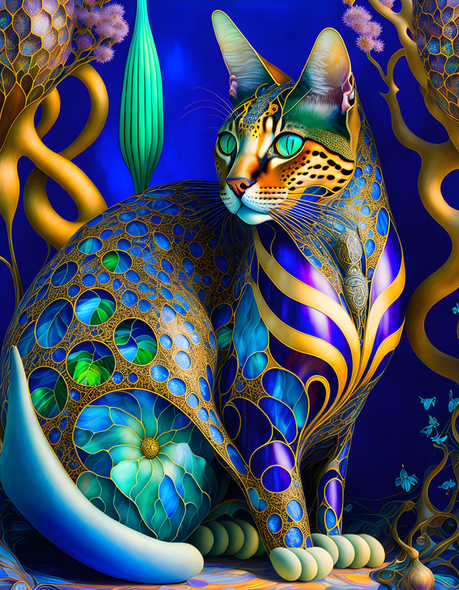 Vibrant digital art: Fantastical cat in intricate pattern, blue palette