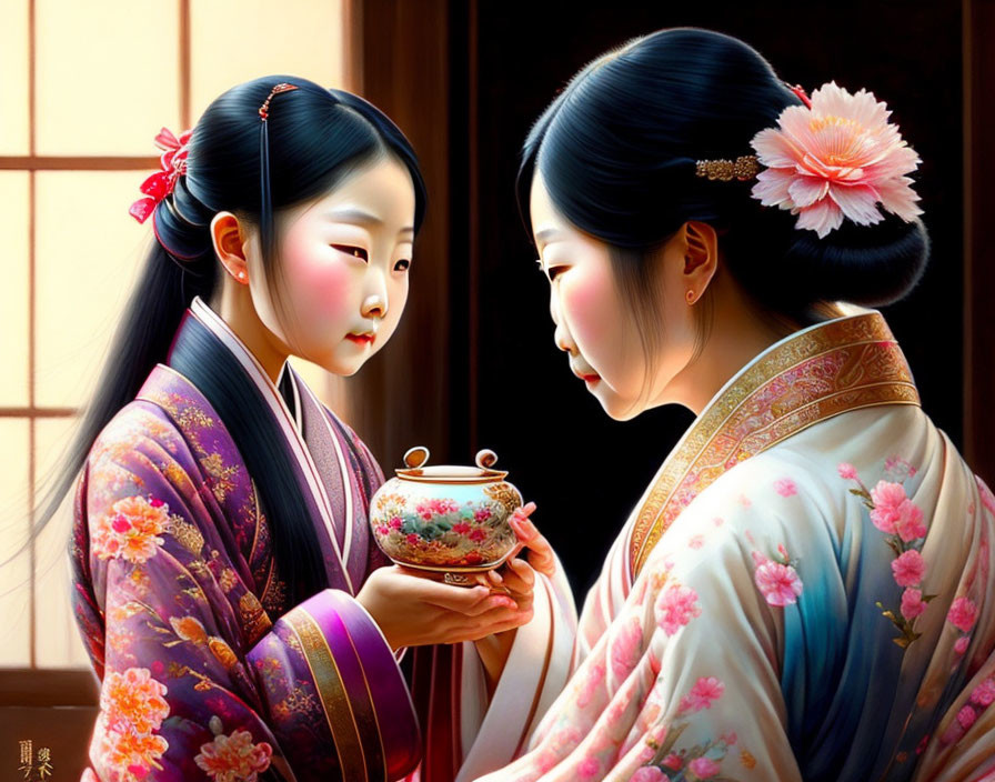 Traditional Japanese kimono-clad women with tea pot and floral hairstyles by wooden window