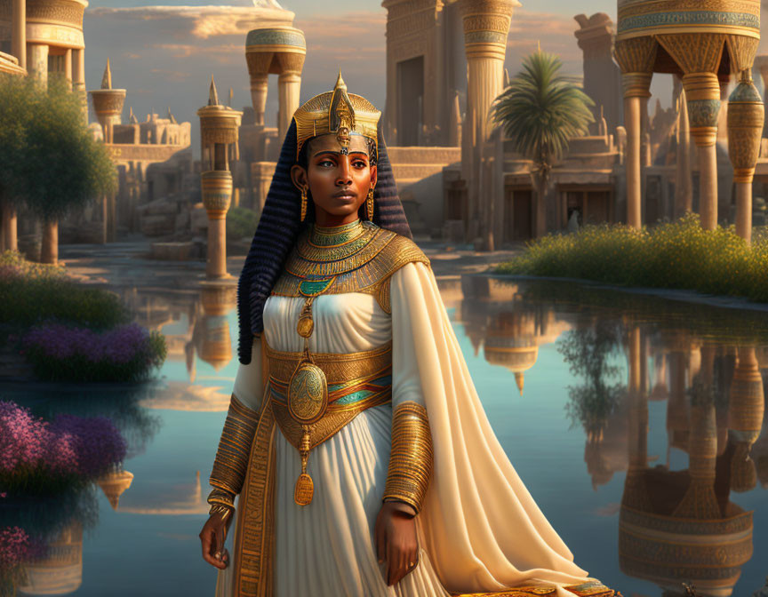 Ancient Egyptian queen in regal attire by serene waterway