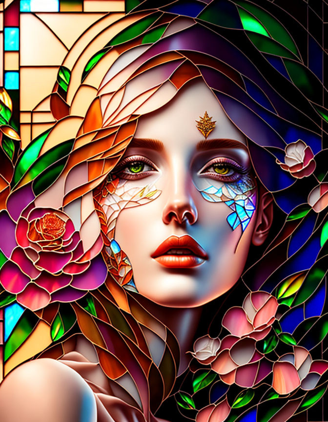 Colorful stained glass woman with floral hair and forehead mark.