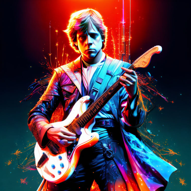 Colorful illustration: man with guitar in leather jacket under neon cosmic backdrop.