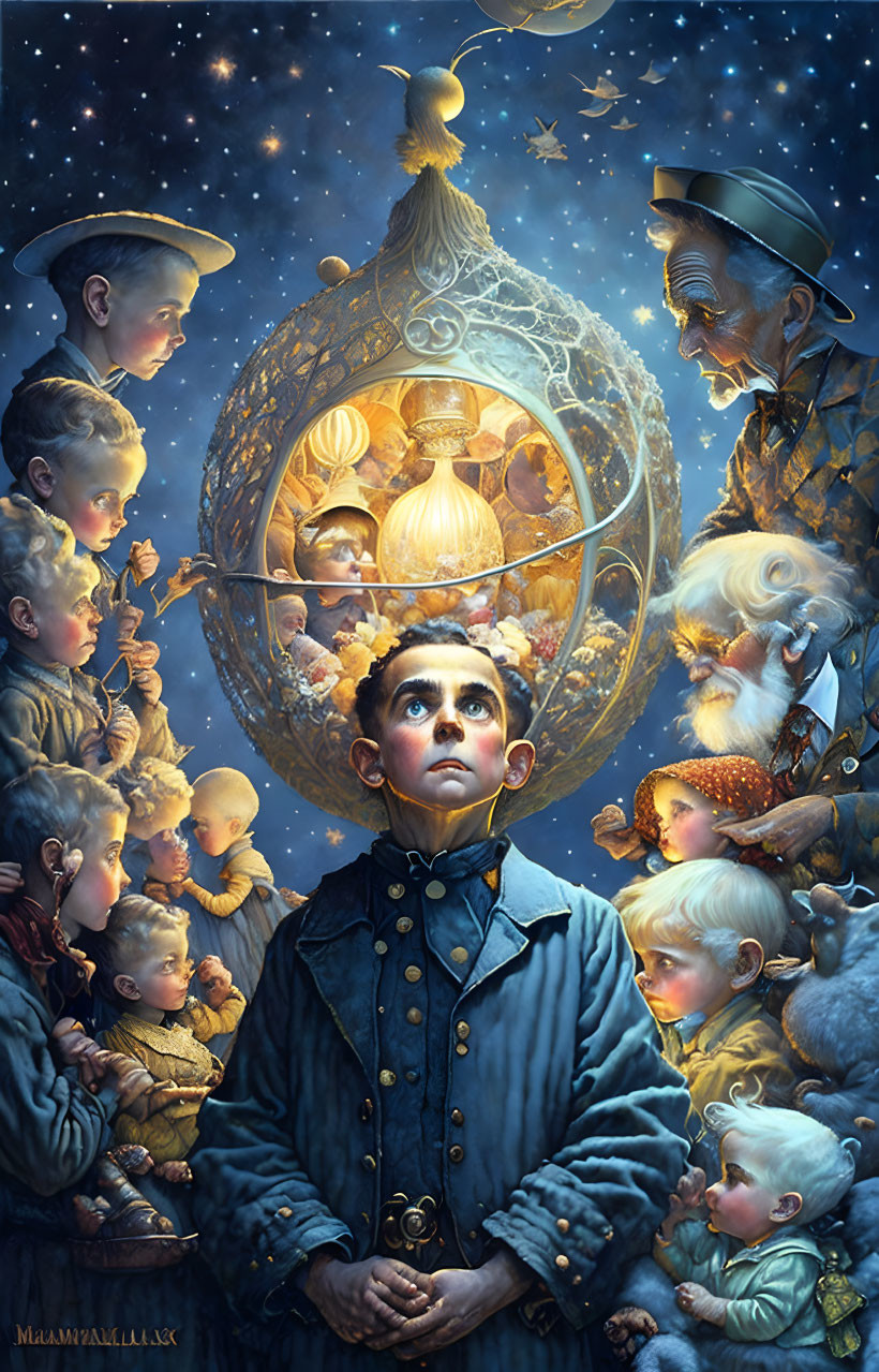 Fantastical painting of boy with glowing orb and floating babies