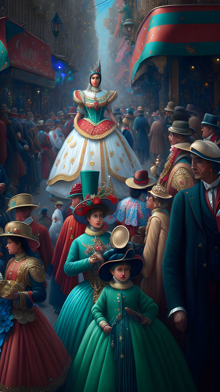 Regal figure on stilts in white and gold above Victorian-era crowd