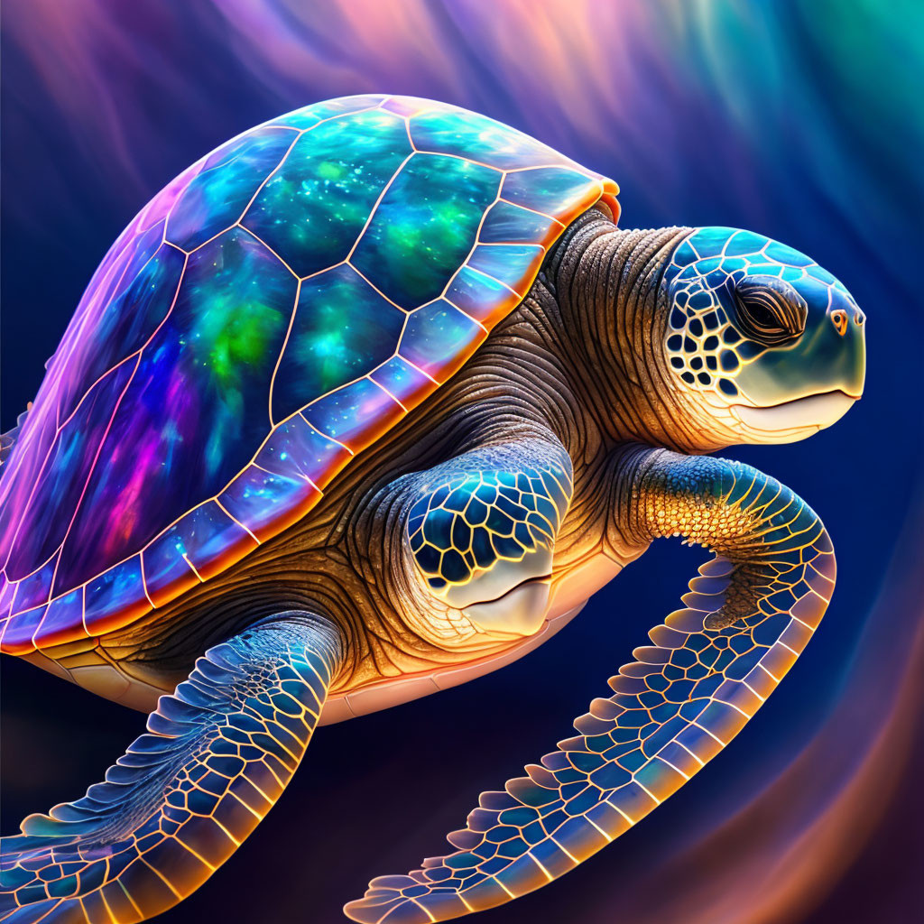 Colorful Digital Artwork: Glowing Sea Turtle on Multicolored Background