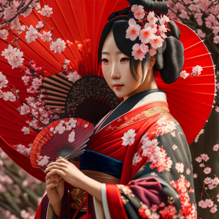 Traditional Japanese attire person with red fan among cherry blossoms